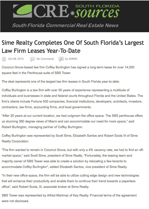 Click to Read Article: Sime Realty Completes One of South Florida’s Largest Law Firm Leases Year-To-Date