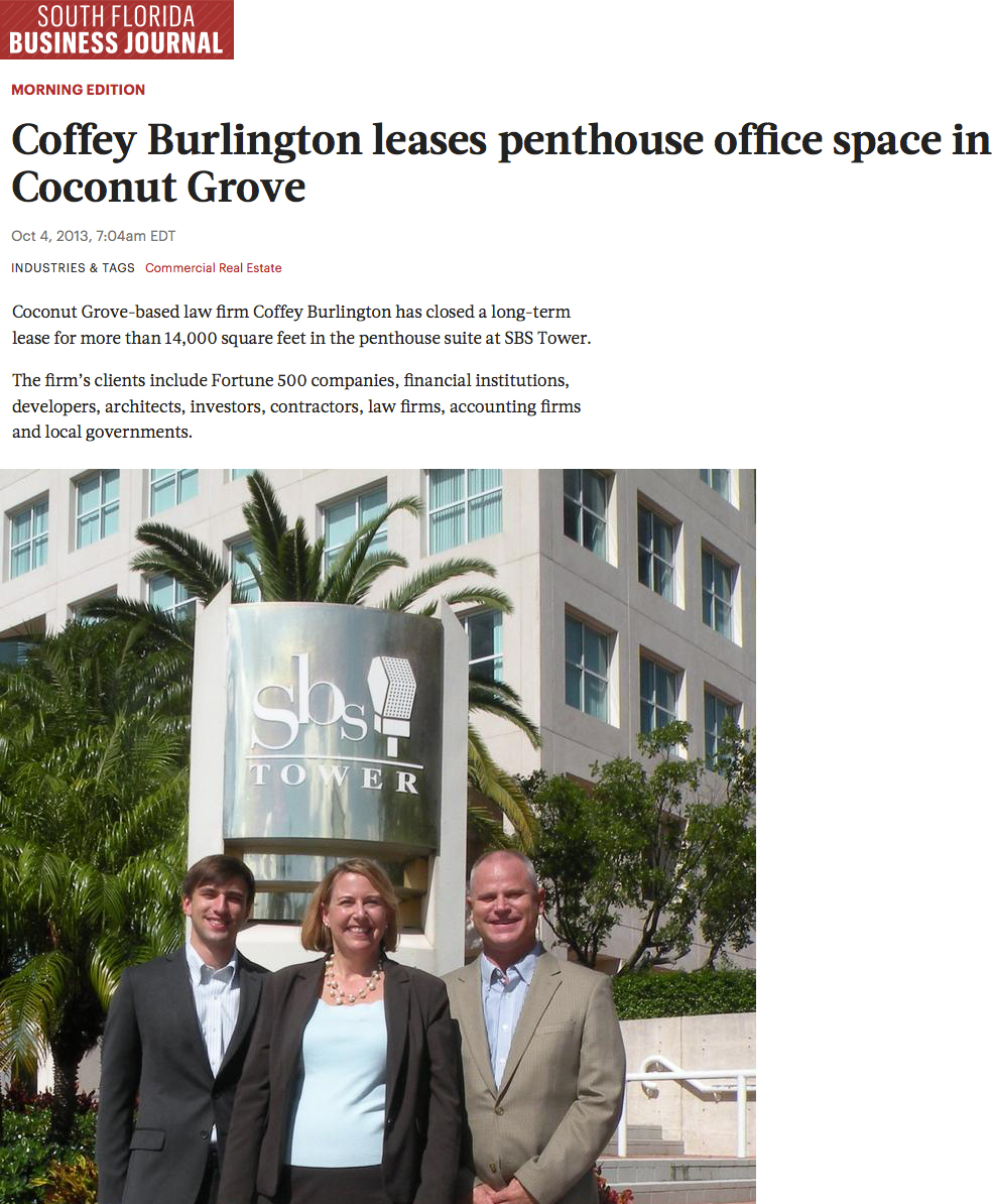 Click to Read Article - Coffey Burlington leases penthouse office in Coconut Grove